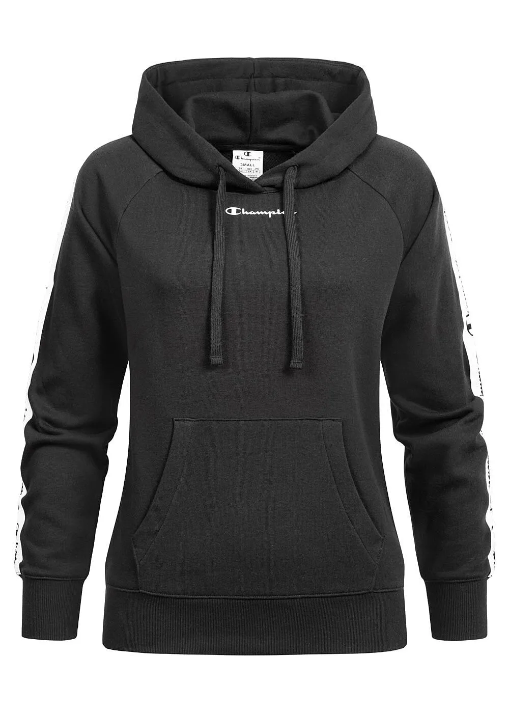 Champion Damen Hoodie mit Kapuze & Logo Tape seitlich Kängurutasche schwarz