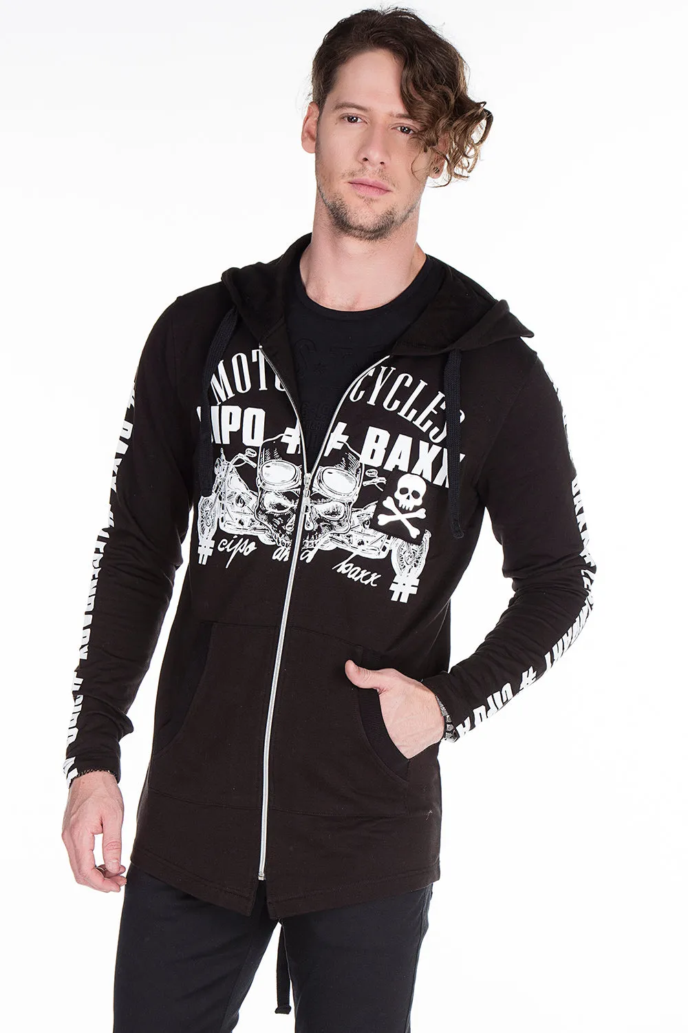 CL239 Herren Sweatjacke mit trendigen Biker-Print-Elementen