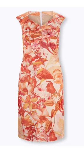 Damen Kleid Etuikleid Freizeit 46  Druckkleid ärmellos papaya-ecru