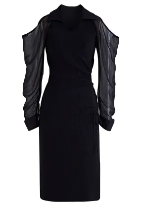 Durchsichtiges, schulterfreies, figurbetontes Strickkleid in Schwarz