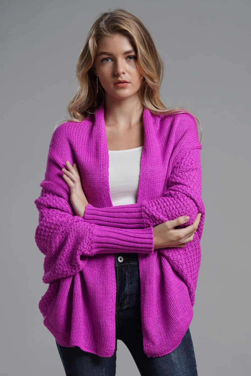 Heidi-Mode | Damen Lange Offene Strickjacke mit Dolmanärmeln