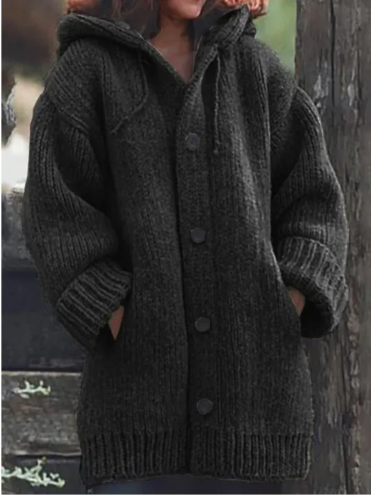 Heidi-Mode | Gestrickte Strickjacke Mit Kapuze Und Knöpfen