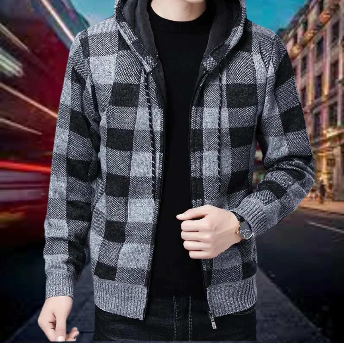 Heidi-Mode | Hochwertige Strickjacke Mit Karierter Kapuze