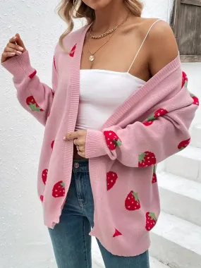 Heidi-Mode | Offene Strickjacke Mit Erdbeermuster