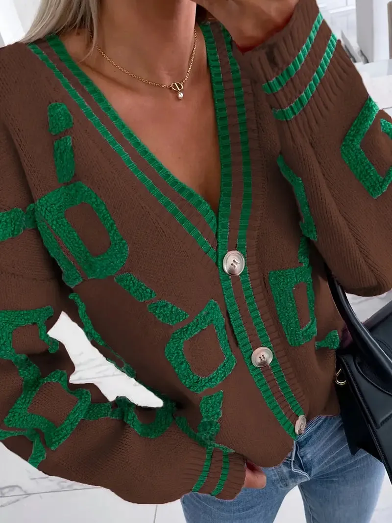 Heidi-Mode | Strickjacke Mit V-Ausschnitt Und Hohem Kontrast