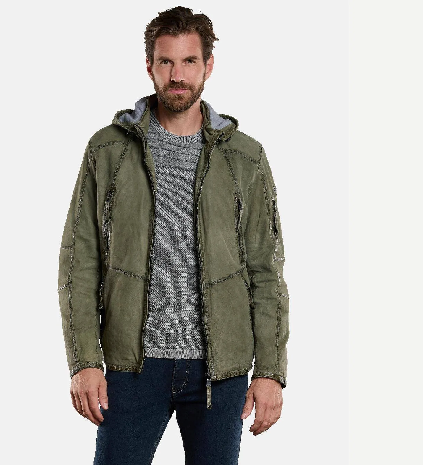Herren engbers Lederjacke mit abnehmbarer Kapuze in Grün kaufen 34076