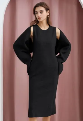 Lässiges Set aus ärmellosem Strickkleid und Pulloverärmeln aus Wollmischung in Schwarz