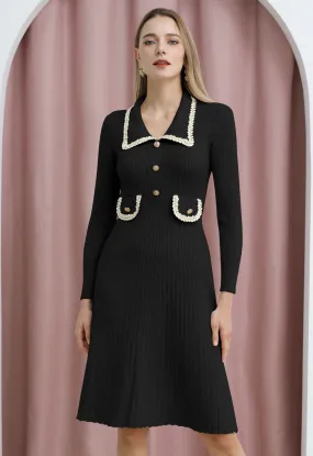Midi-Strickkleid mit Kragen und geflochtenem Rand in Schwarz