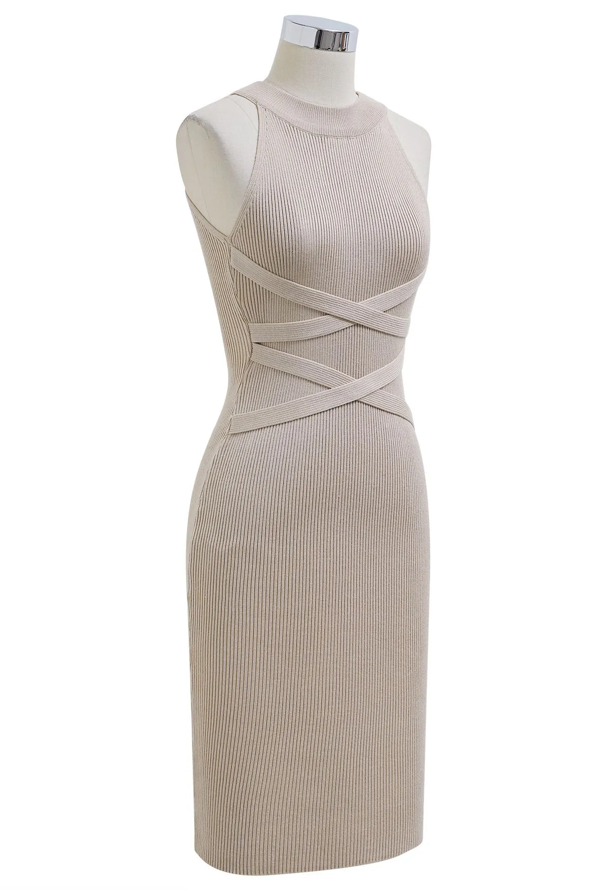 Neckholder-Strickkleid mit überkreuzter Taille in Haferflocken