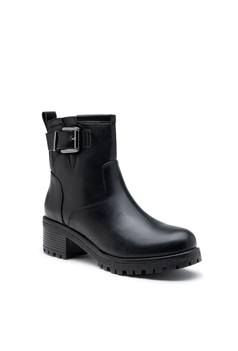 Stiefeletten mit Blockabsatz, seitlicher Schnalle und Metallic-Finish