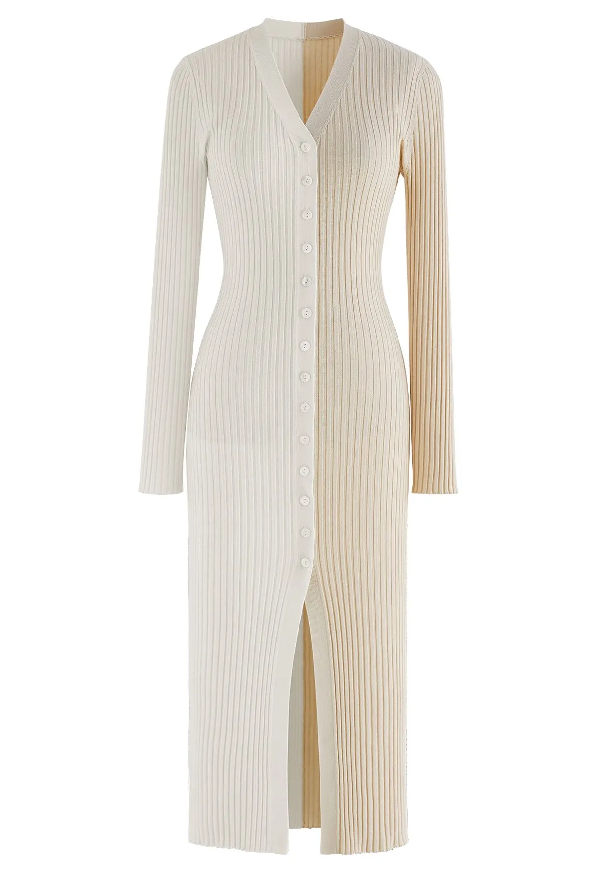 Zweifarbiges, gespleißtes, figurbetontes Strickkleid mit Knöpfen in Creme